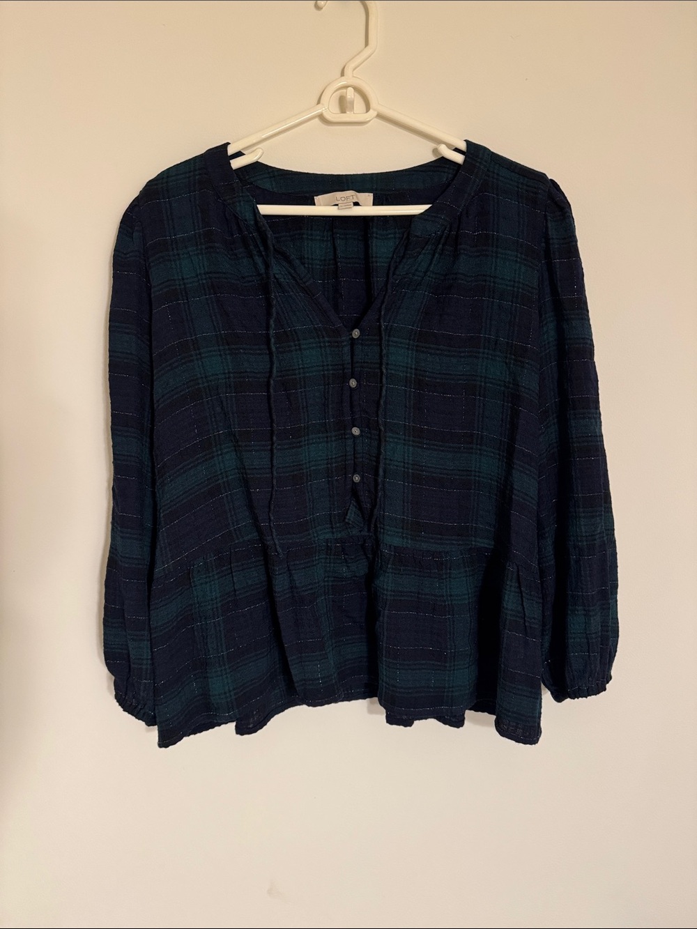 LOFT Navy and Green Plaid Button-Front Peasant Blouse